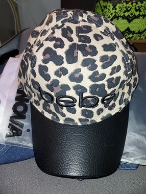 New bebe Leopard-Print Cap with Black Faux Leather Brim